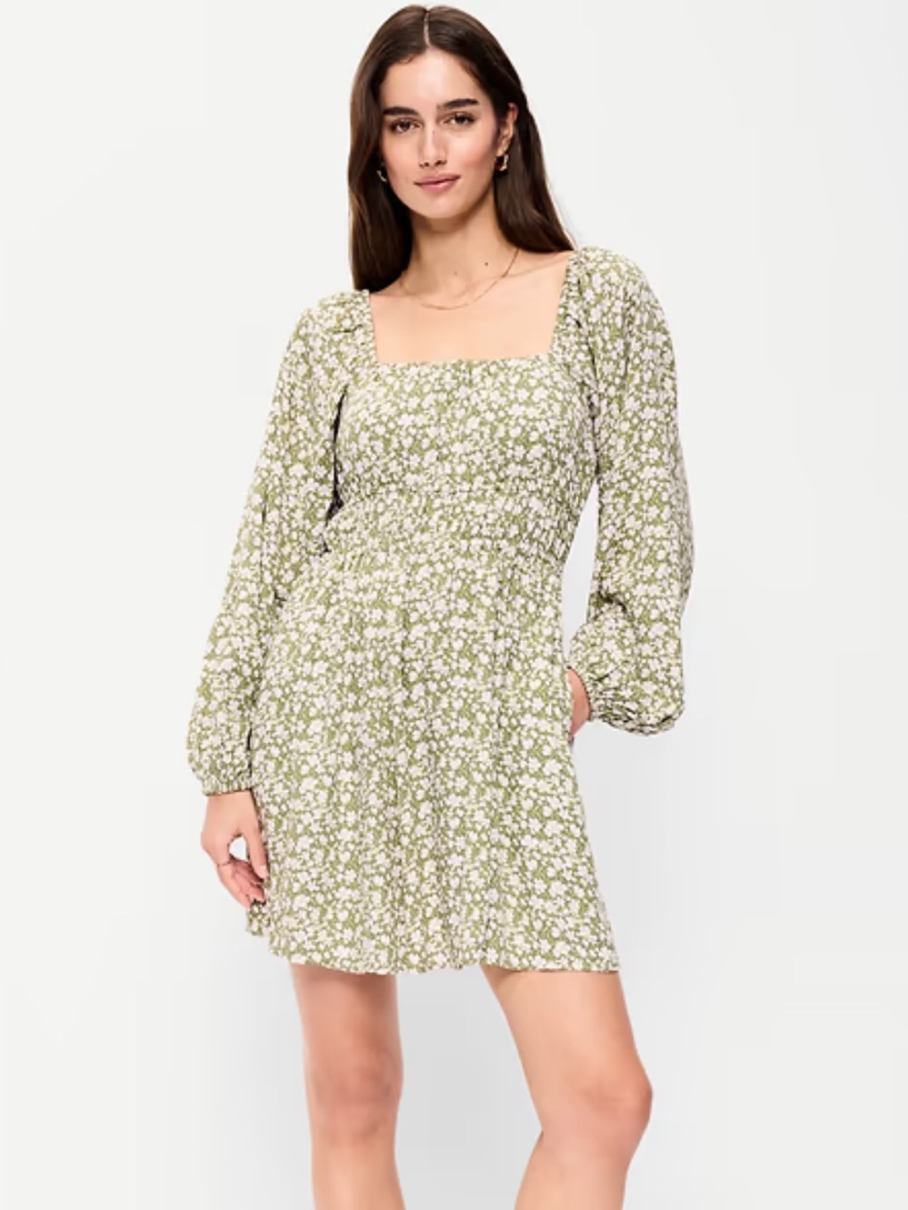 Old Navy Long-Sleeve Square-Neck Mini Dress in Green Floral